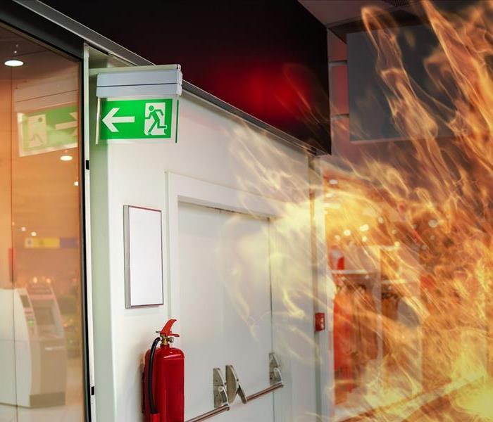 a green exit sign surrounded by flames
